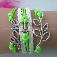 PULSERA VERDE-BLANCO (LOVE, ANCLA, HOJAS) PLATA ANTIGUA (hecha a mano)